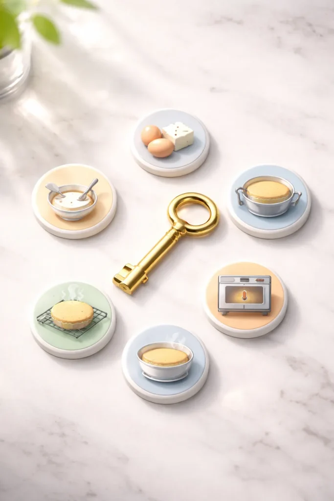 Gold key with five icon tokens representing cheesecake steps on a clean white surface