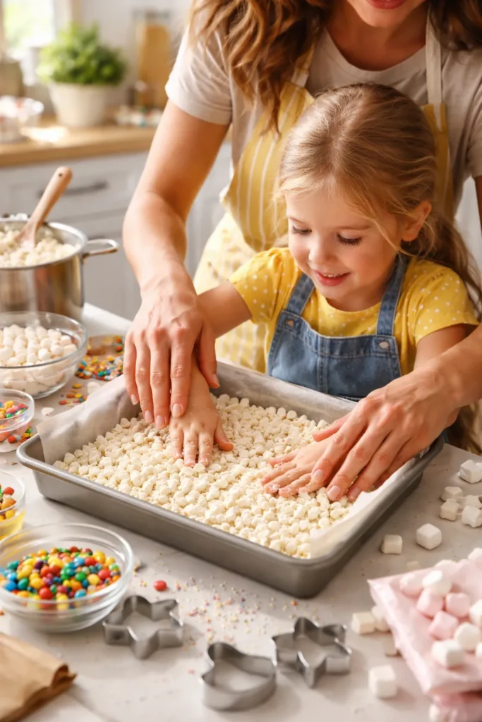 Parent and child preparing marshmallow treats together