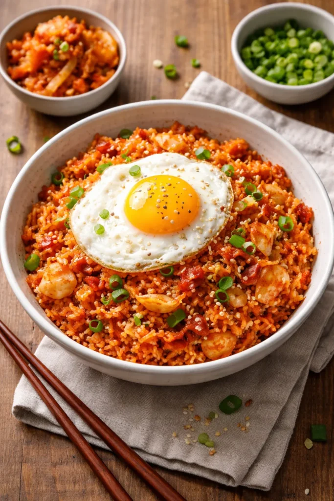 Bowl of kimchi fried rice with kimchi pieces and glossy grains