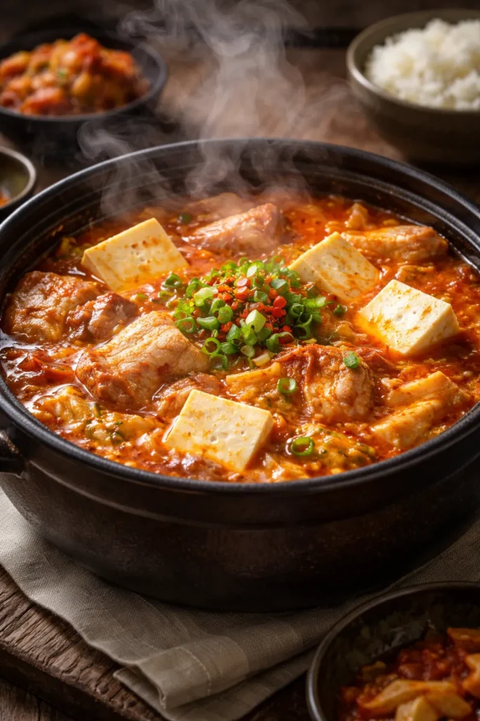 Steaming kimchi jjigae with pork belly and soft tofu