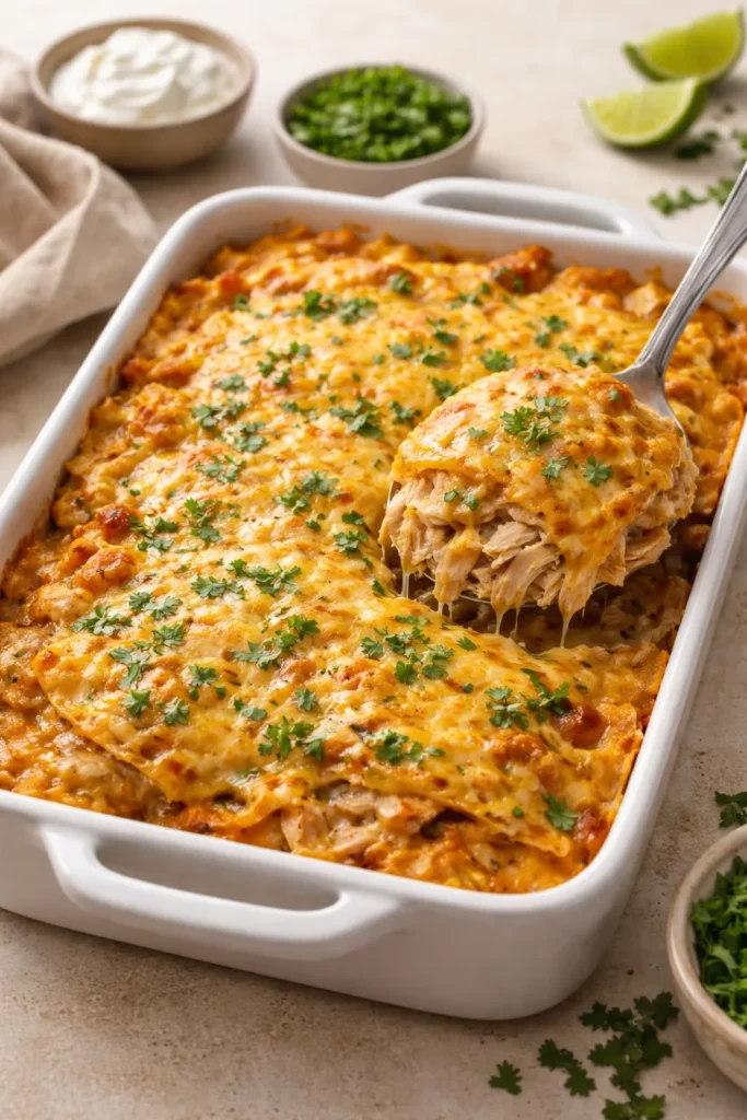 Top view of King Ranch chicken casserole with melted cheese