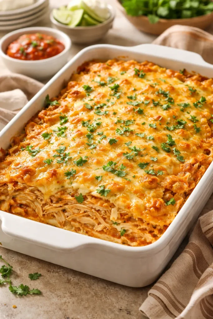 Bubbling King Ranch chicken casserole in a rectangular baking dish