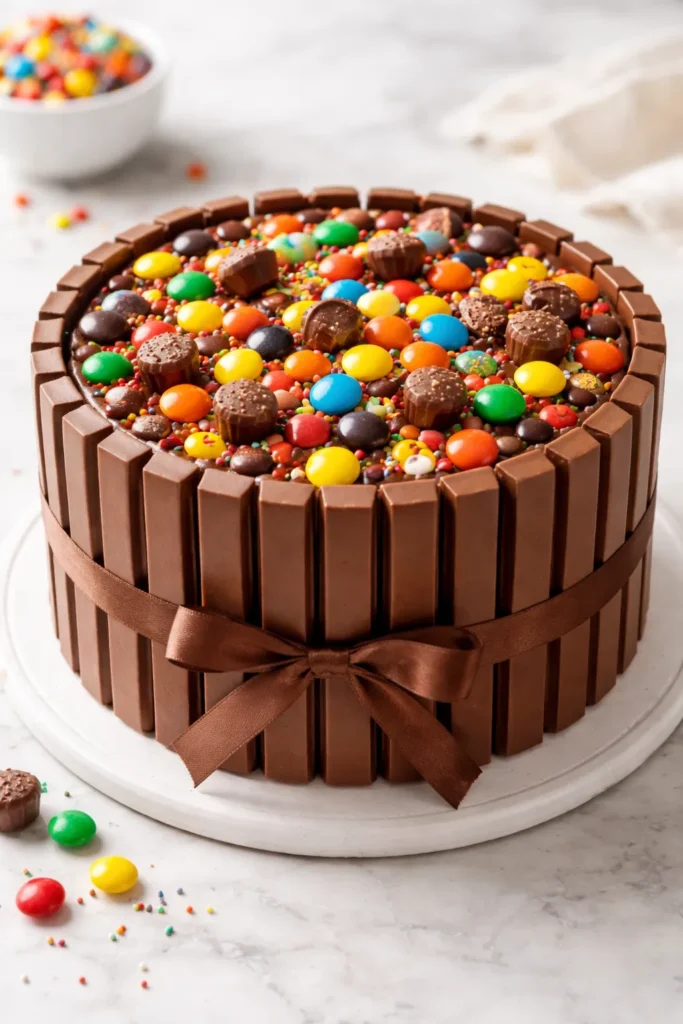 Cake encircled with vertical Kit Kat bars and candy topping.