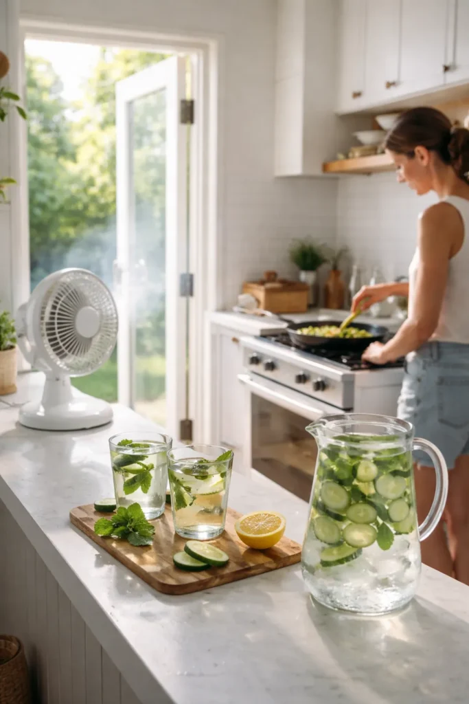 Modern kitchen scene with a fan, someone cooking at a stove, and cucumber-mint water on the counter
