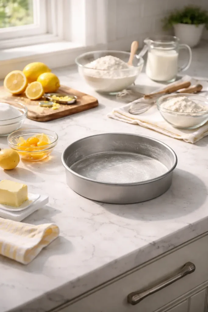 Clean kitchen counter with greased cake pan ready for baking