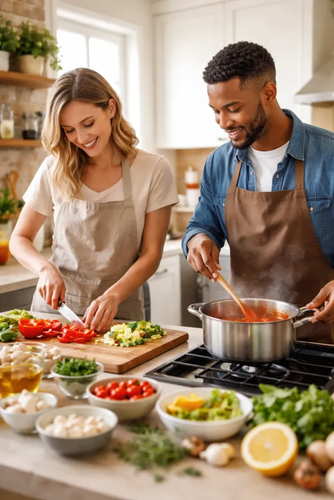 Couple dividing kitchen duties with one chopping and one cooking in a bright kitchen