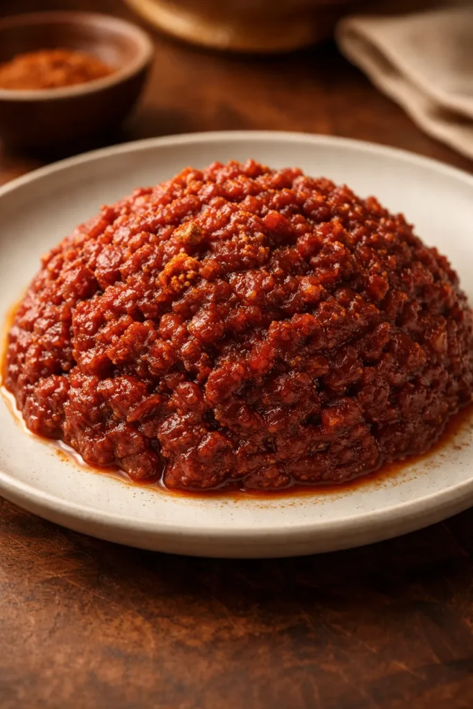 Minced spiced beef (Kitfo) arranged on a plate