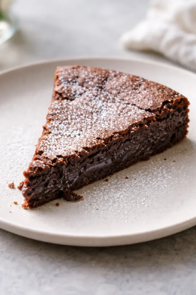 Dense gooey Kladdkaka slice on a plain plate.