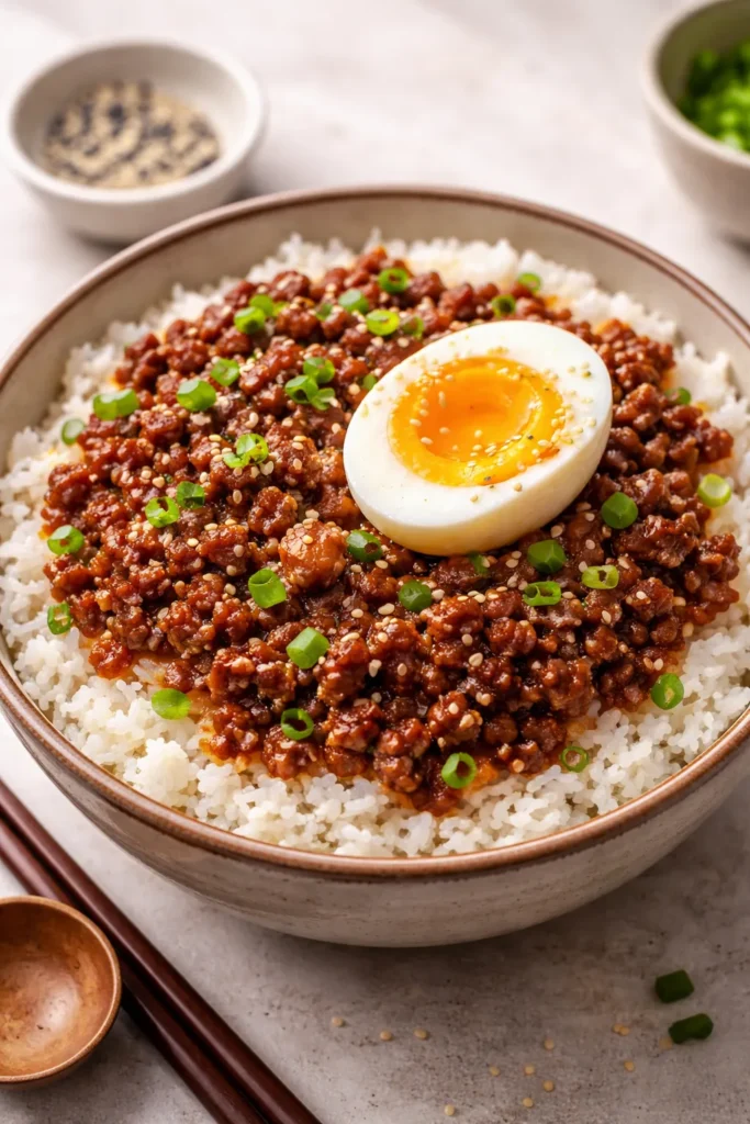 Korean beef rice bowl with glossy sauce over jasmine rice and soft-boiled egg