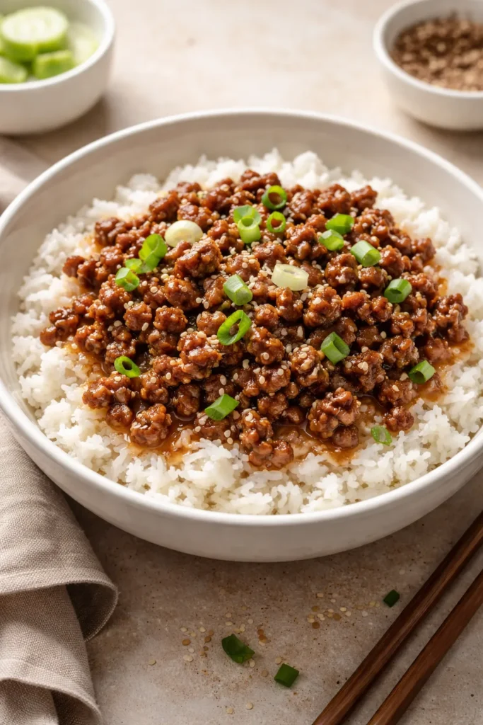 Glossy bulgogi-style beef over jasmine rice in a bowl