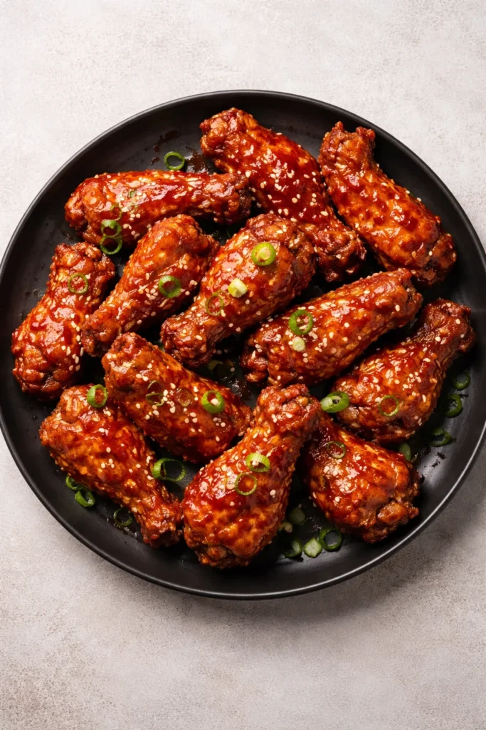 Glossy lacquered Korean fried chicken wings on a dark plate