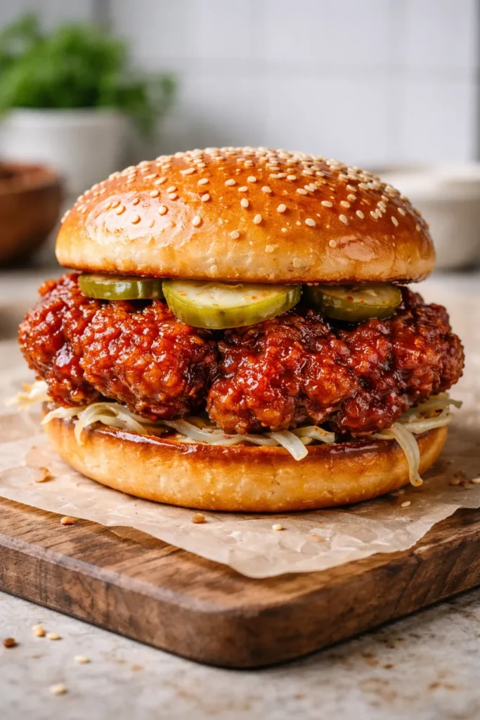Close-up of Crispy Korean-Style Fried Chicken Sandwich with gochujang glaze