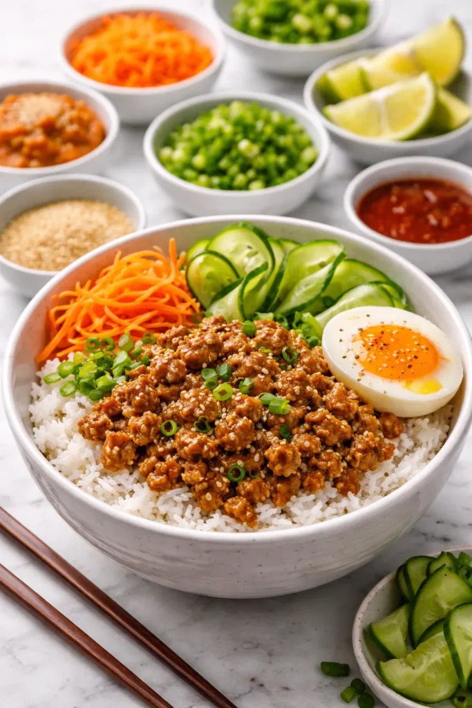 Glazed ground turkey over white rice with colorful toppings in a bowl