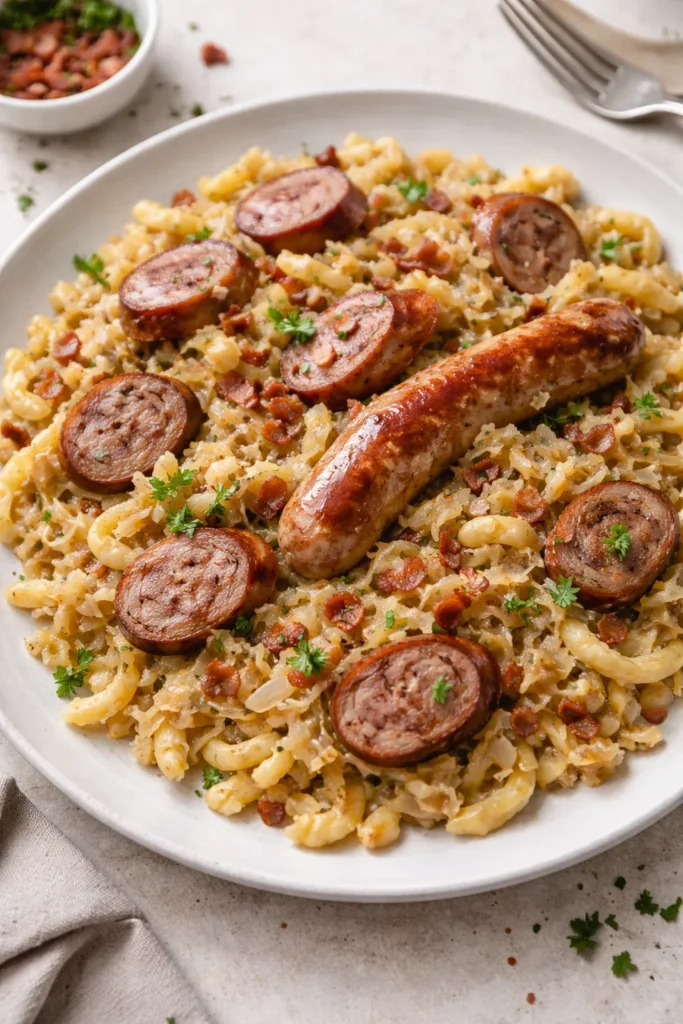Krautspaetzle with sauerkraut and bratwurst