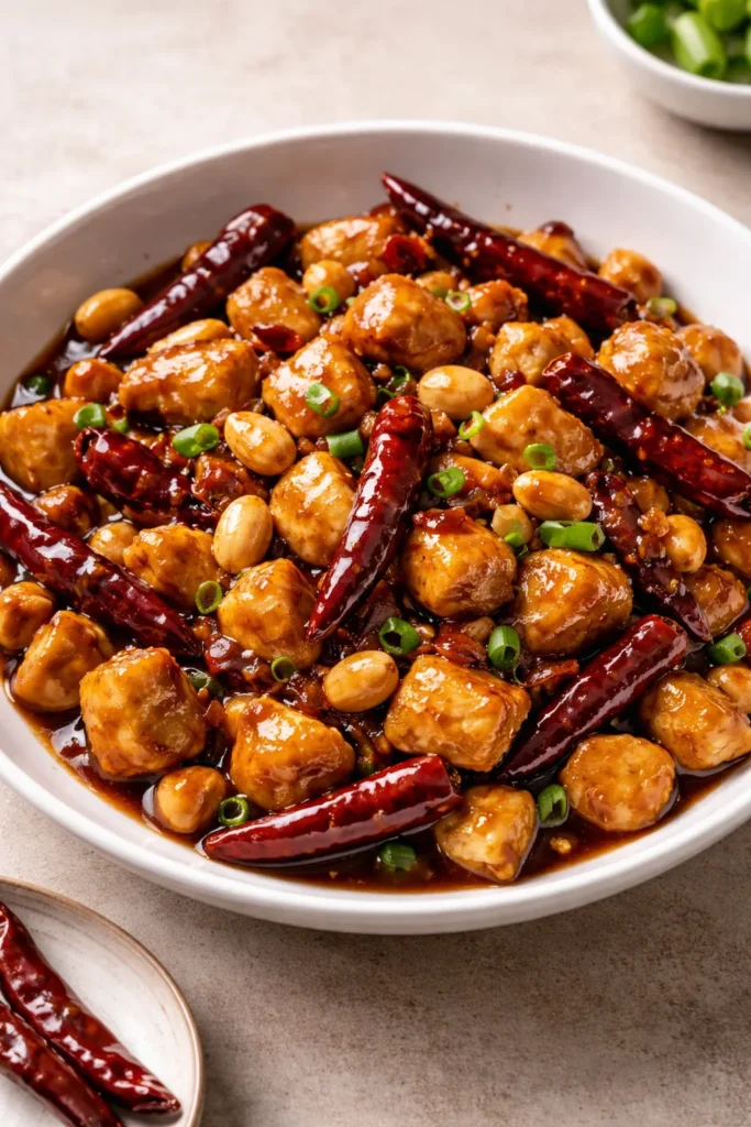 Diced kung pao chicken with peanuts and red chilies in a glossy sauce