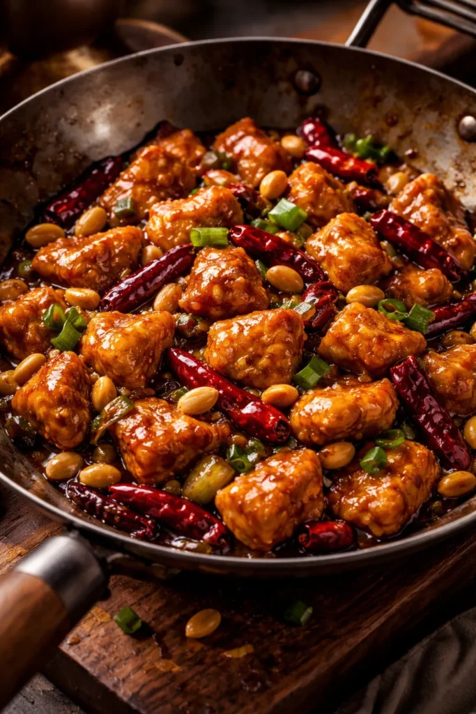 Kung Pao chicken with peanuts and chilies in glossy sauce