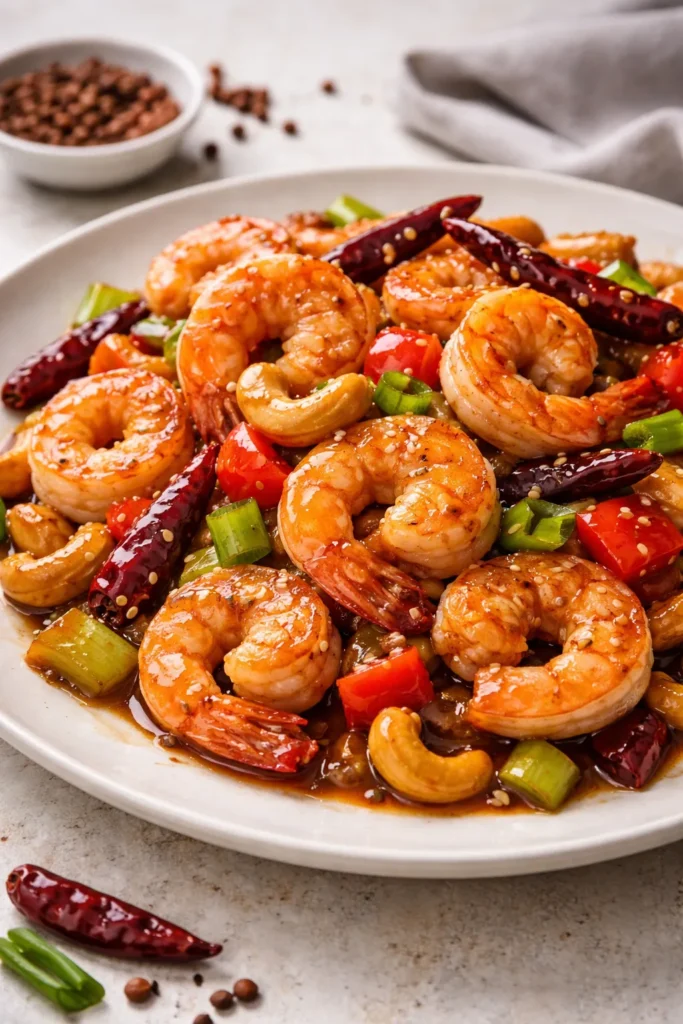 Shrimp with cashews, chilies and peppers in Kung Pao sauce on plate