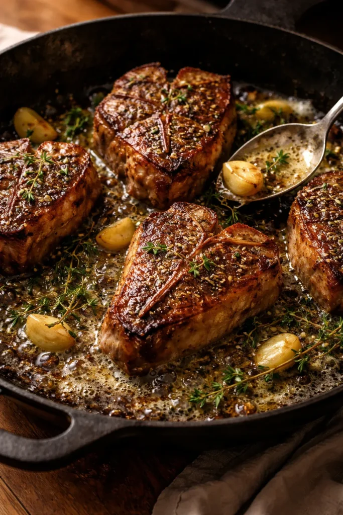 Lamb chops basted in garlic butter with thyme