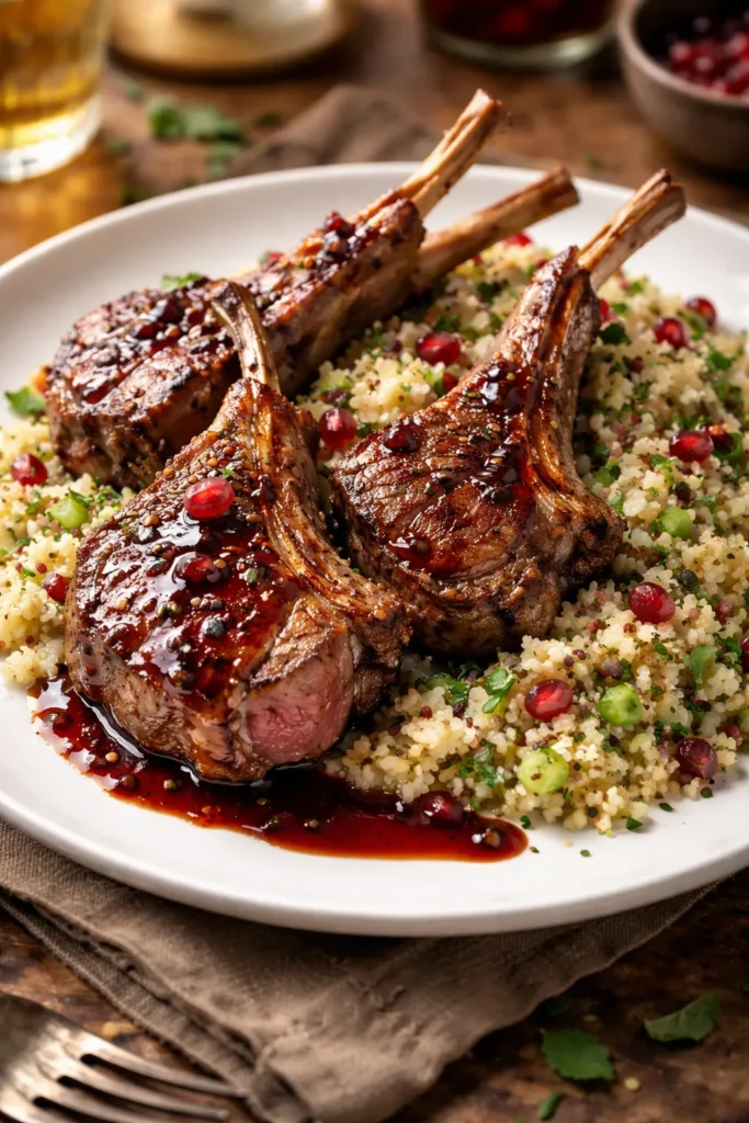 Close-up of lamb chops with herbed couscous and pomegranate molasses on plate