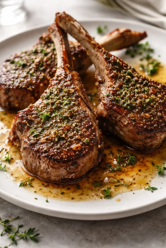 Garlic herb crusted lamb chops with butter sauce