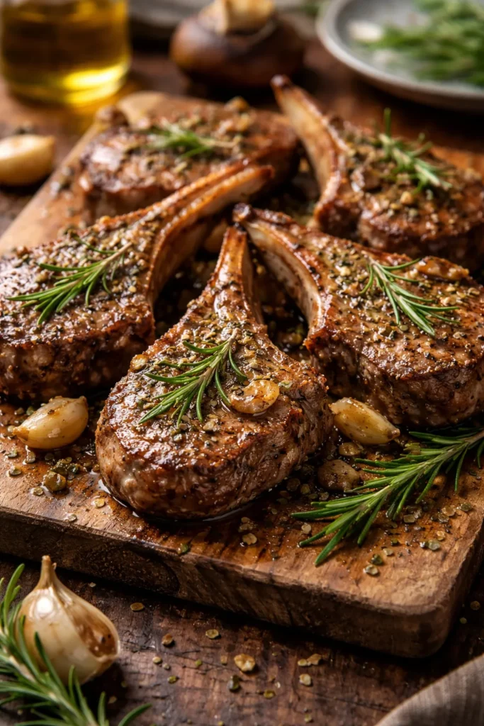 Close-up of seared lamb chops with garlic and rosemary on a wooden board
