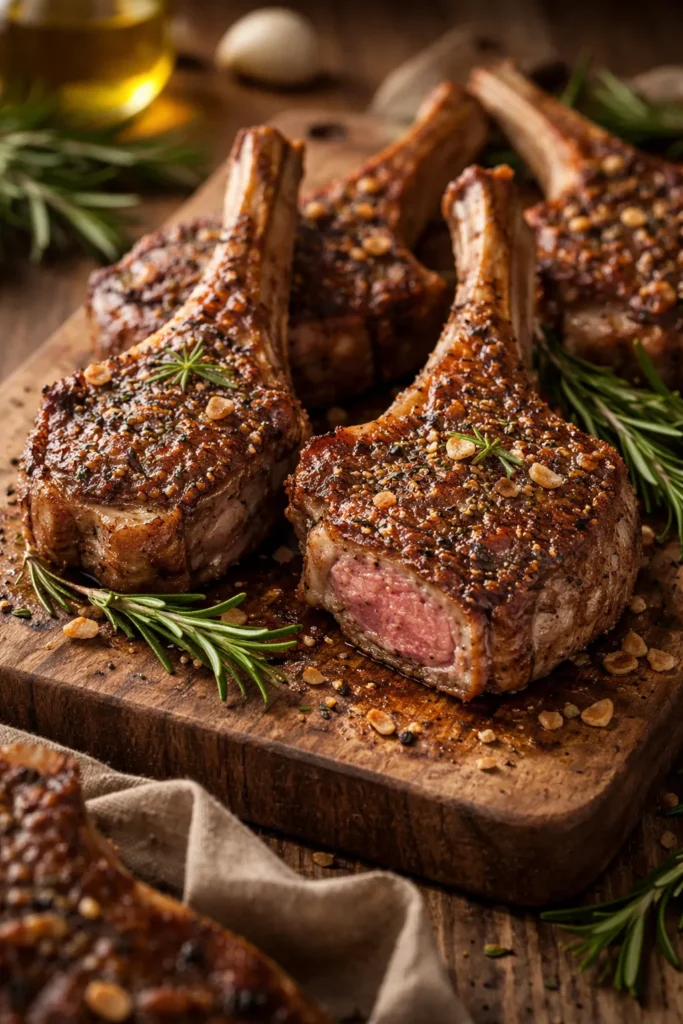 Close-up of lamb chops with rosemary and garlic crust