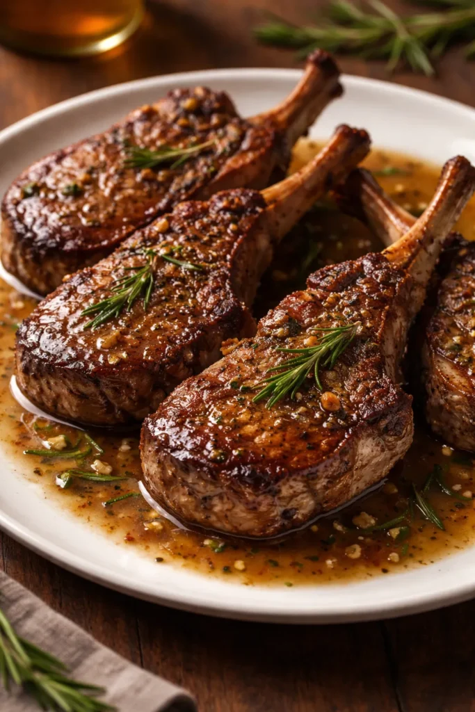 Lamb chops with rosemary gravy on plate