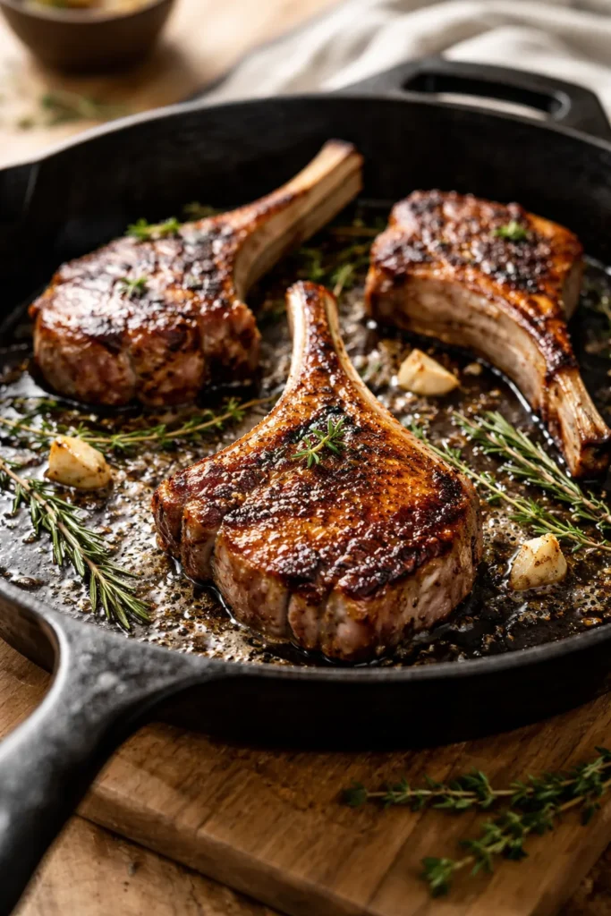 Perfectly seared lamb chop on a hot skillet