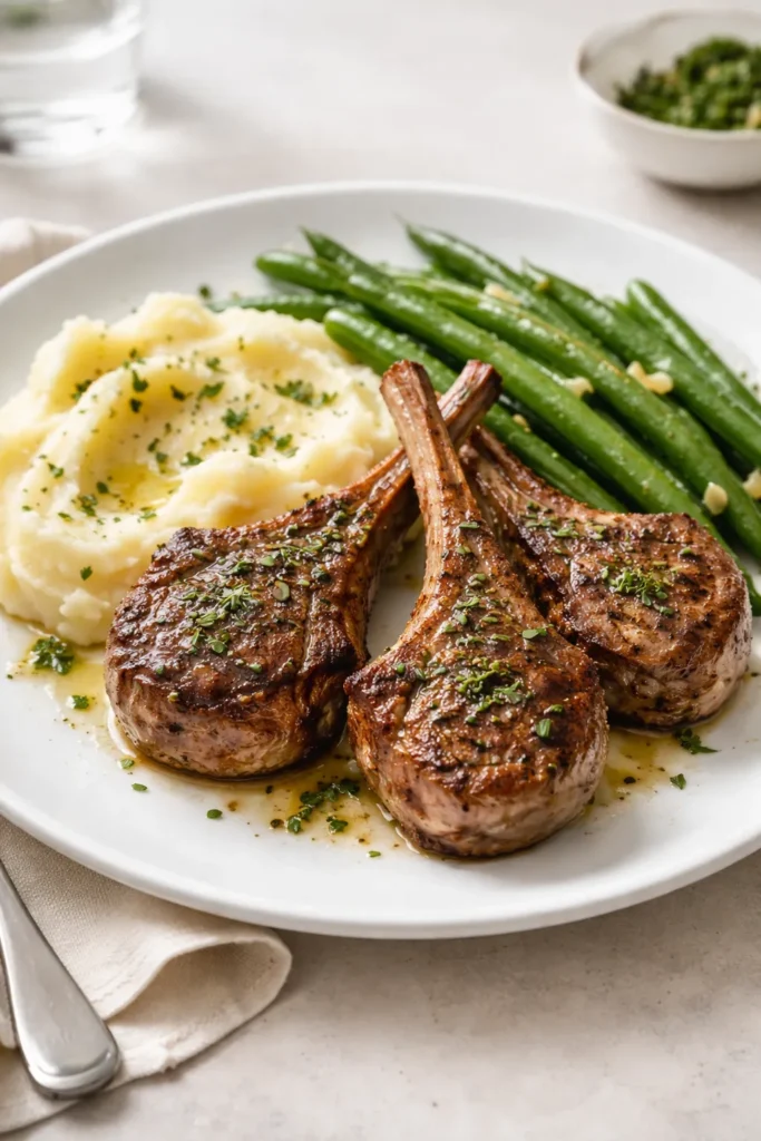 Lamb chops plated with mashed potatoes and green beans