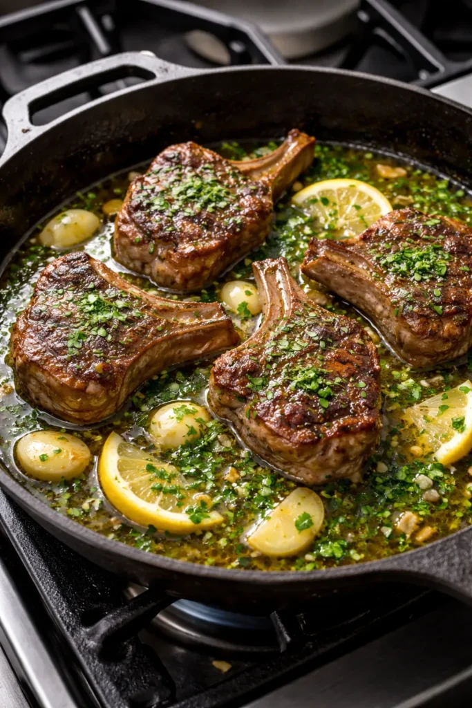 Lamb loin chops seared with garlic and lemon-parsley pan sauce in a skillet