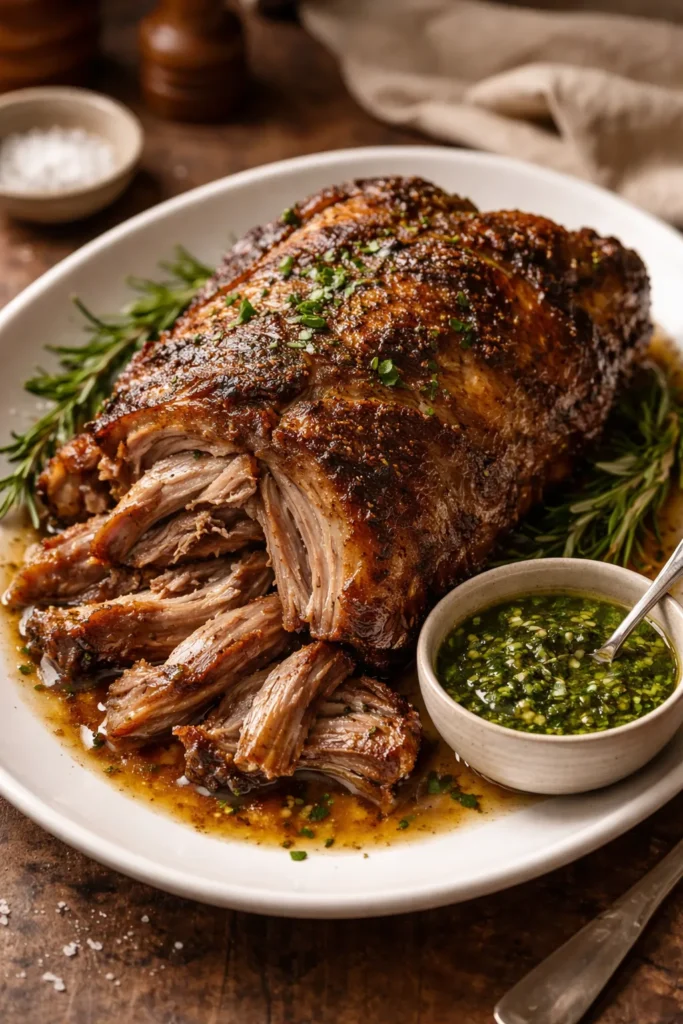 Lamb shoulder on a platter with mint sauce