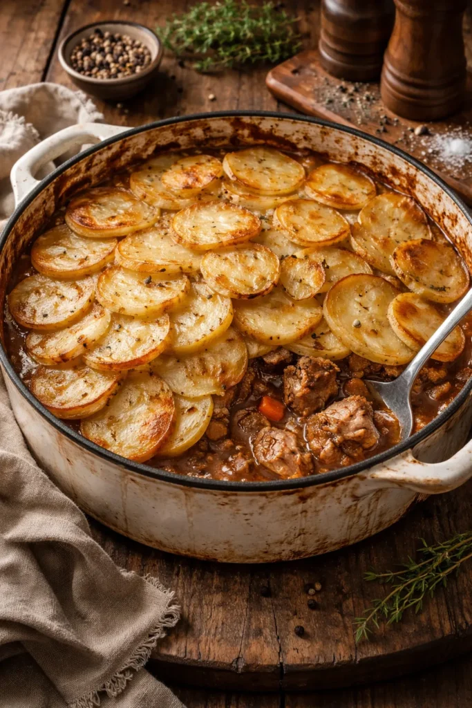 Lancashire hotpot in a deep casserole with layered meat and potato topping