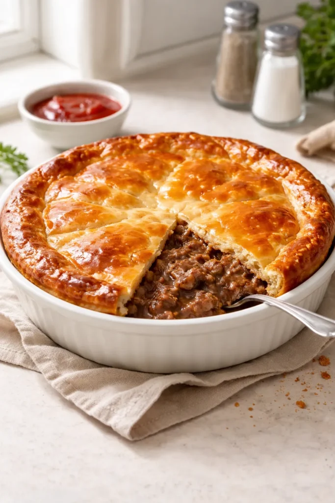 Large family-size beef pie in a deep-dish dish with golden crust