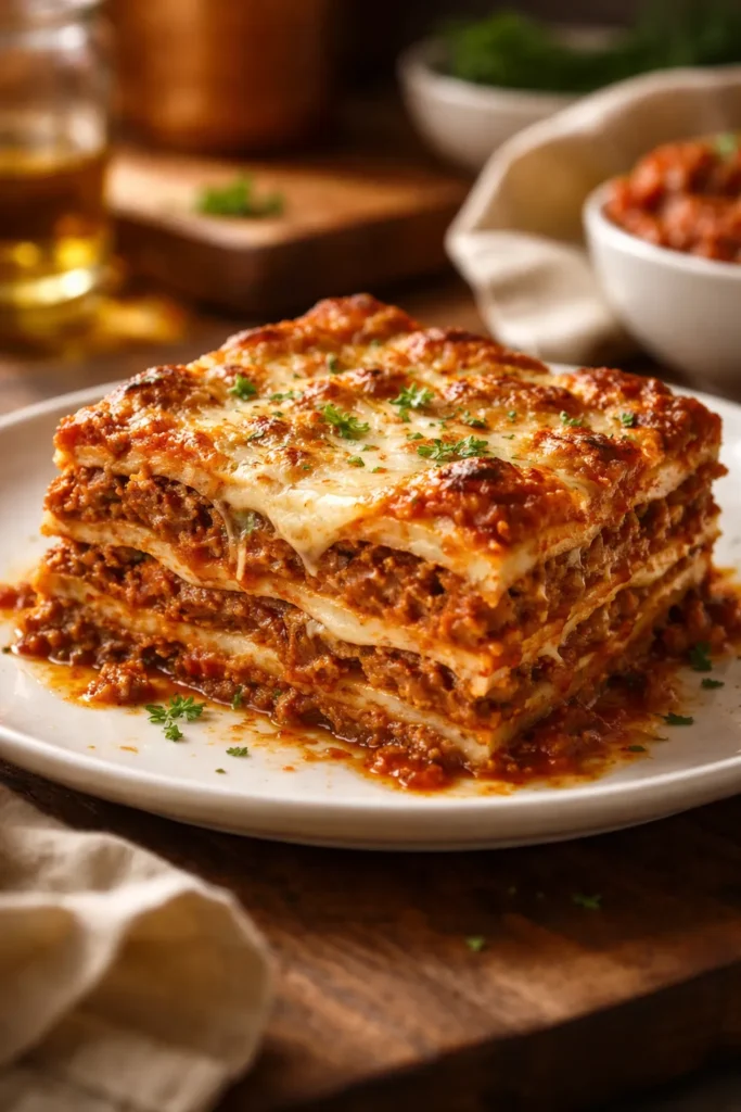Slice of classic Bolognese lasagna with cheese on plate