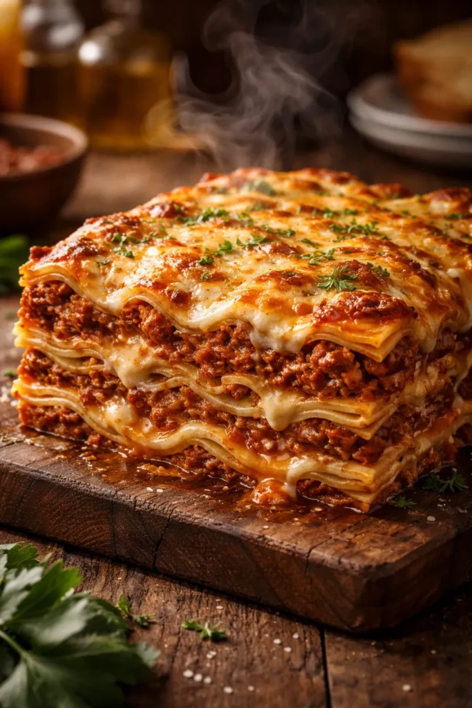 Close-up of layered lasagna with sauce and cheese on wooden board