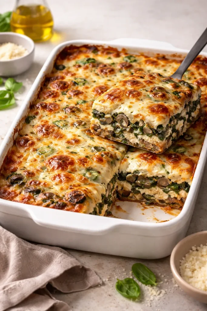 Slice of spinach and mushroom lasagna with ricotta and mozzarella on a plate