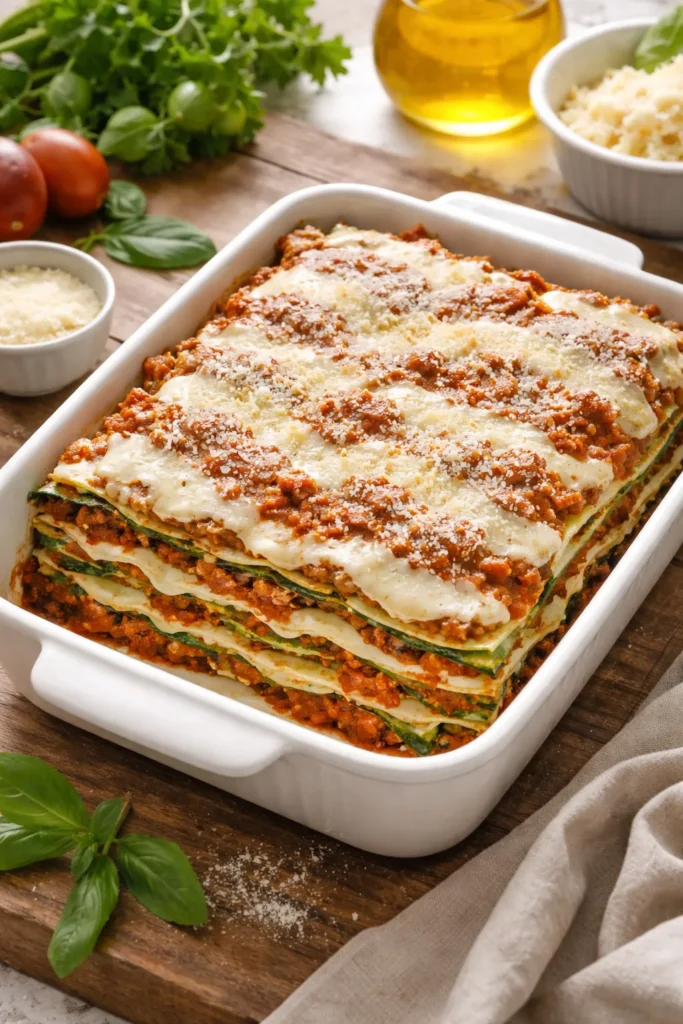 Layered spinach lasagna with ragù and béchamel