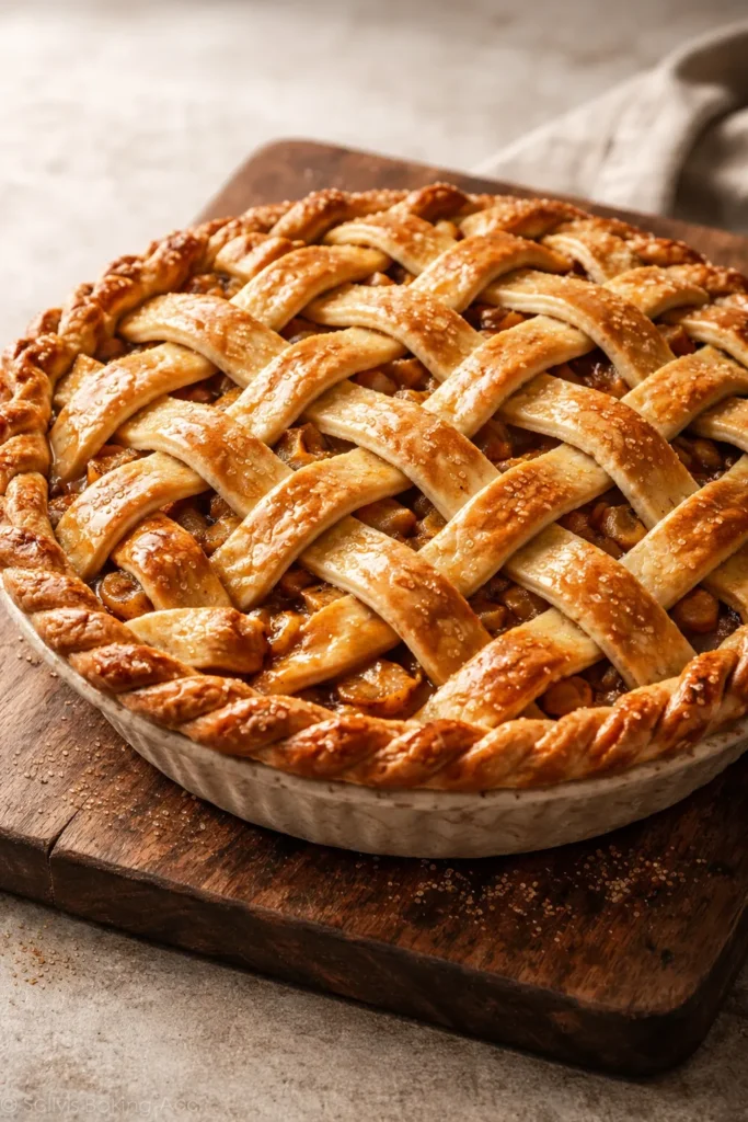 Close-up of lattice-top apple pie crust with crosshatch pattern.