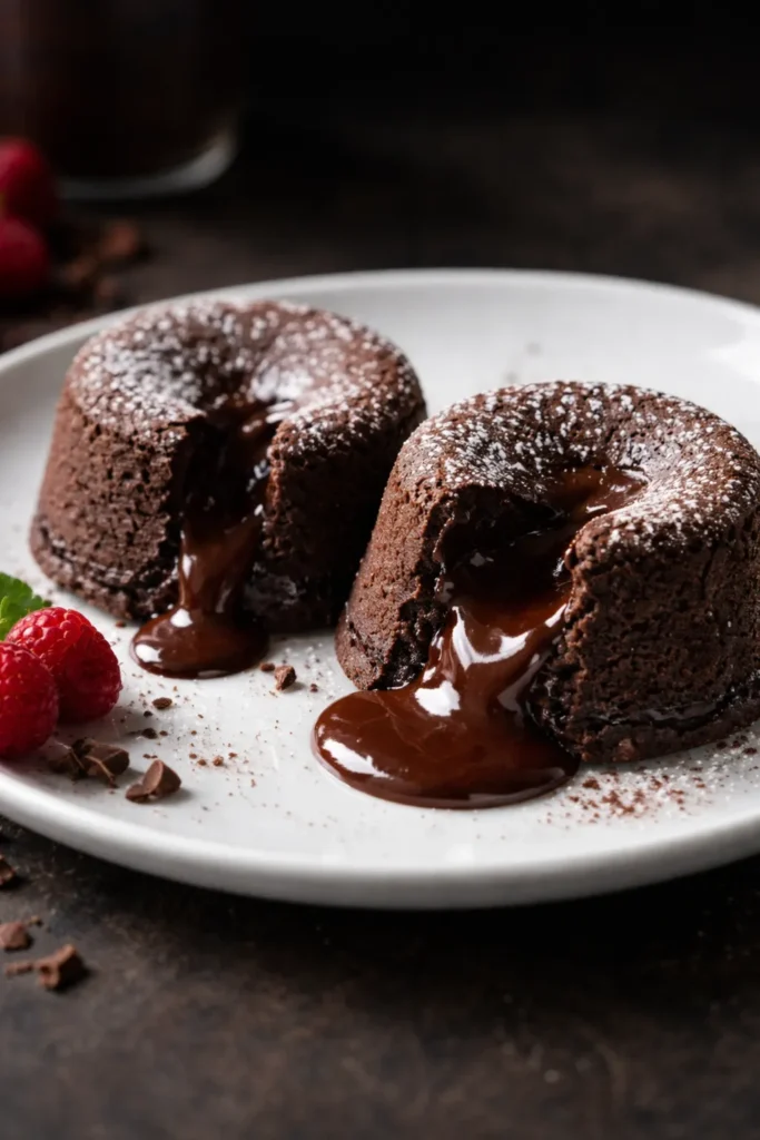 Two molten-centered lava cakes on a plate with visible gooey centers.