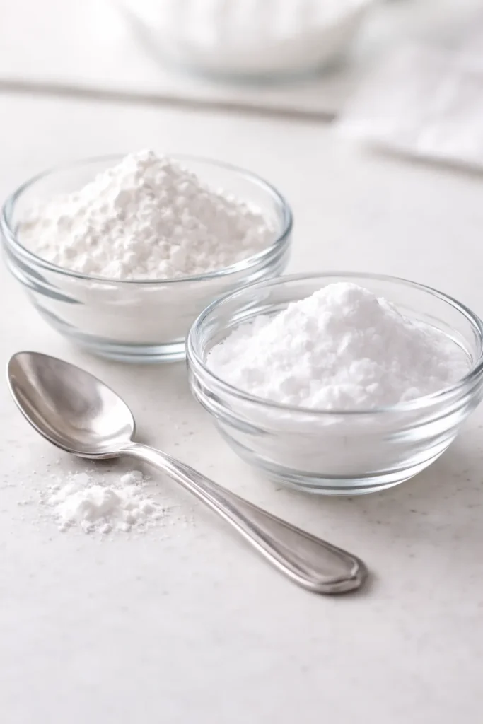 Close-up of leavening powders in bowls