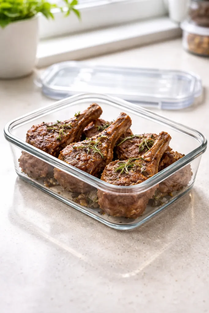 Leftover lamb chops in a glass container on a kitchen counter