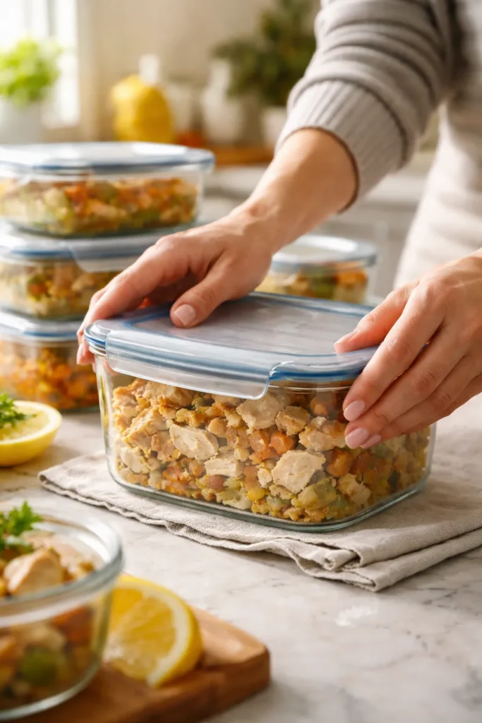 Hands sealing a glass storage container of leftovers