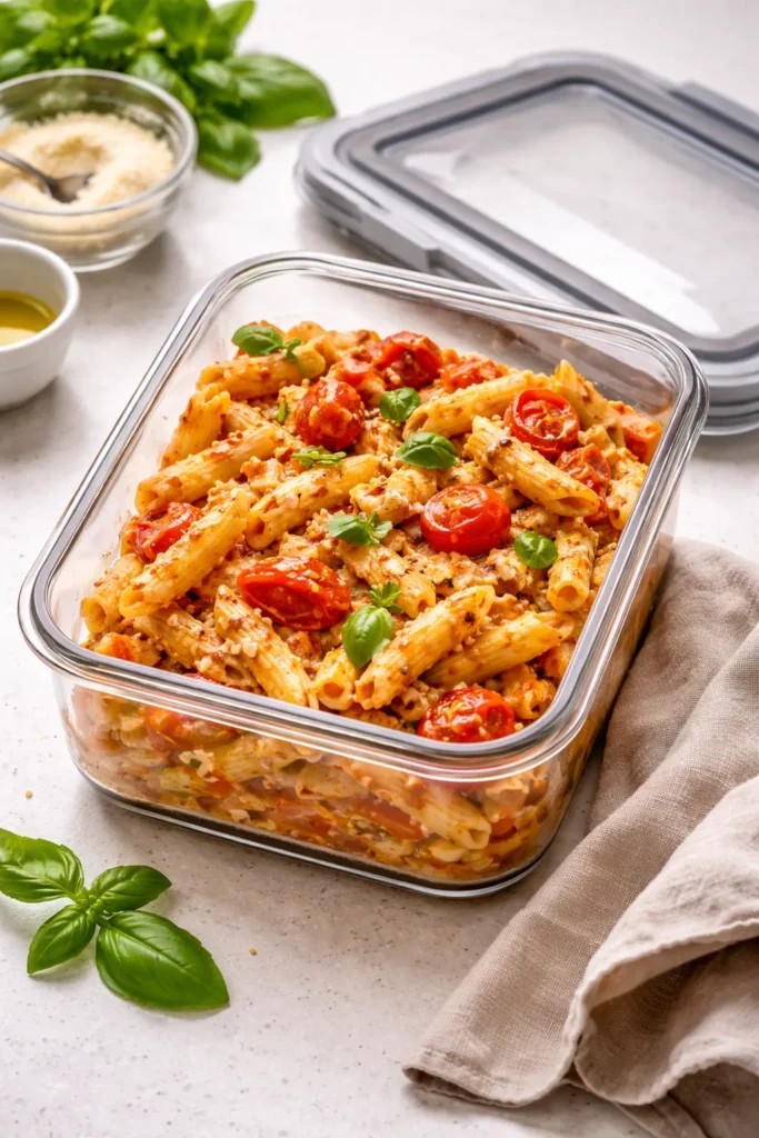 Leftover baked feta pasta in an airtight container on a counter