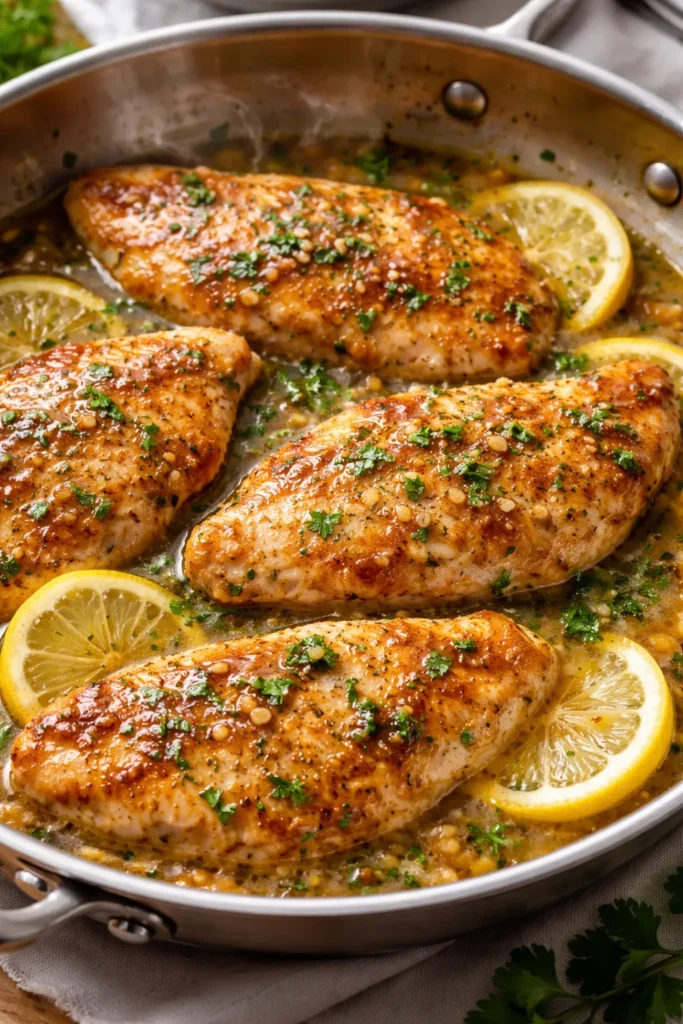 Pan-seared lemon butter chicken cutlets in a skillet with fresh garlic and parsley