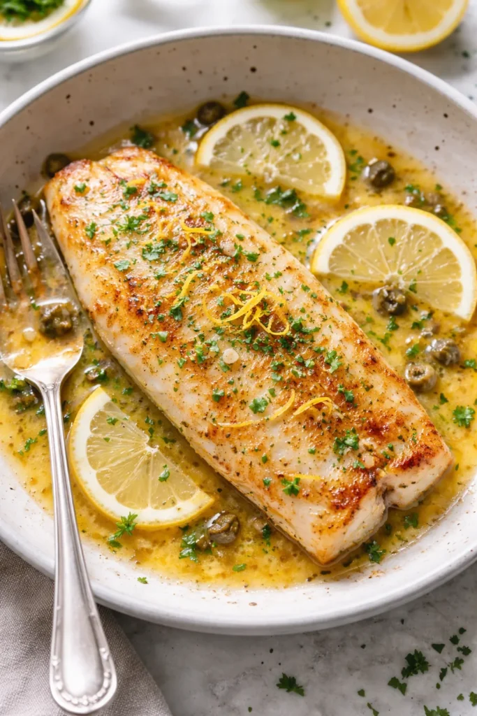 Lemon butter white fish fillet with lemon zest on plate
