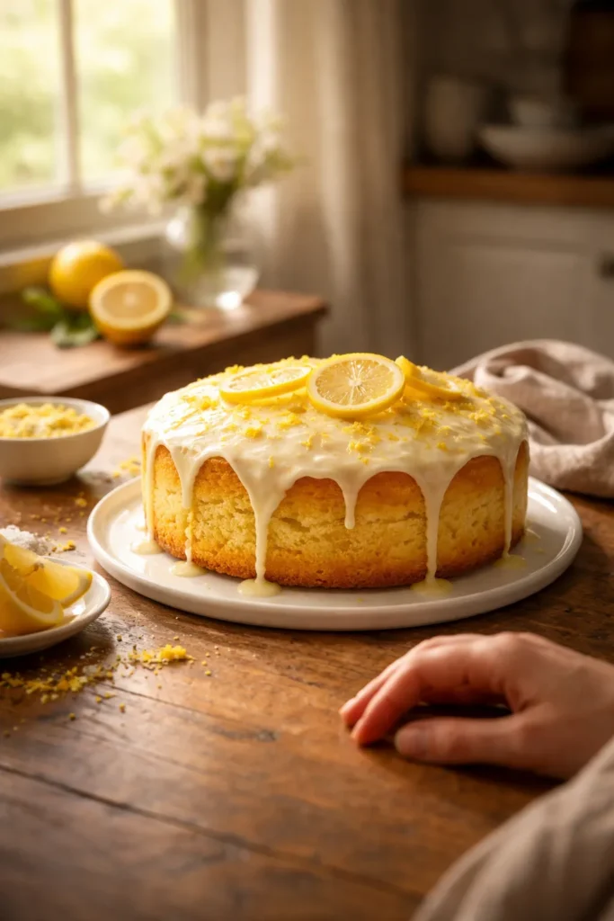 Close-up of lemon cake on wooden table with a contemplative hand in warm kitchen light