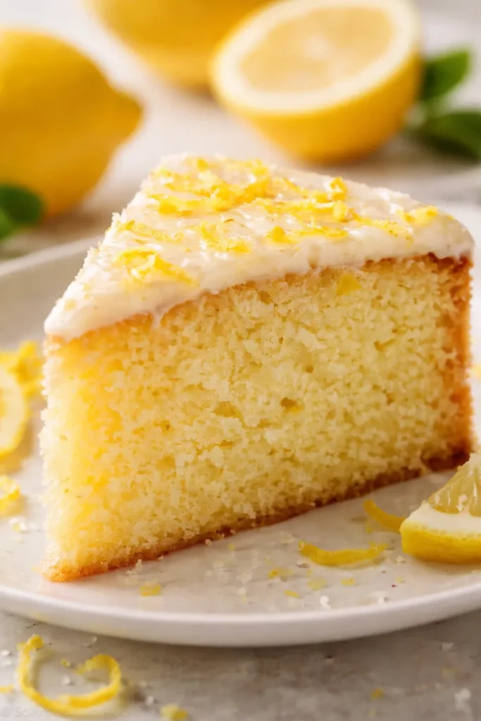 Macro view of lemon cake slice with zest detail