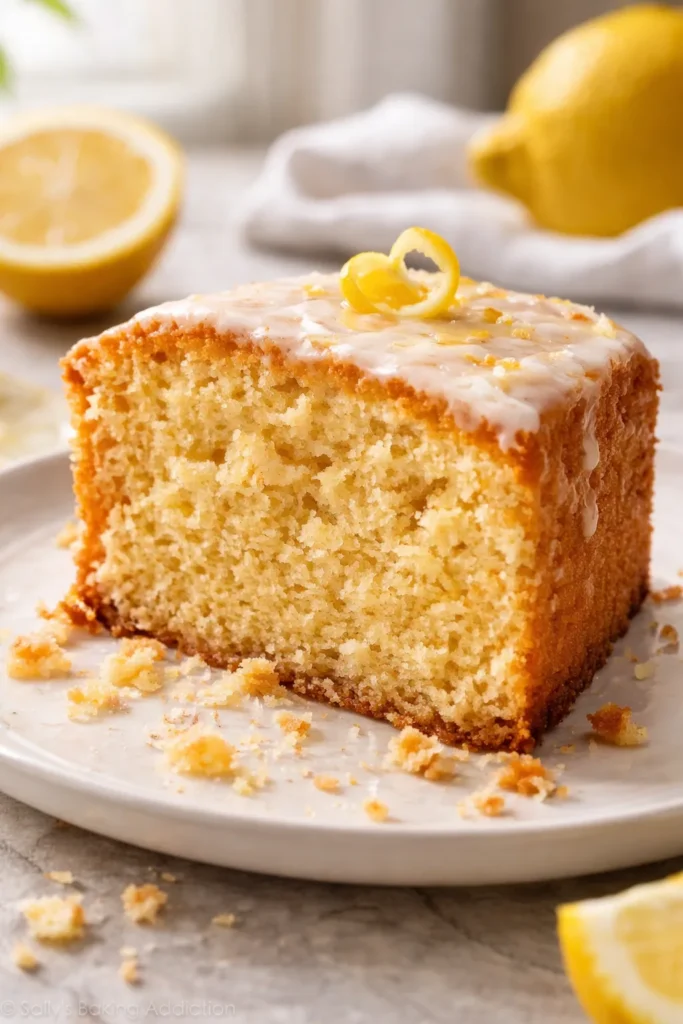 Dry lemon cake slice with crumbly texture illustrating common baking mistakes