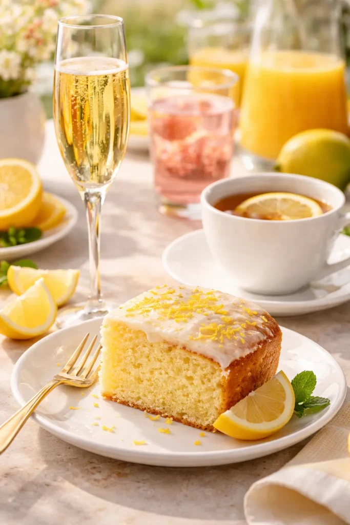 Lemon cake served with sparkling wine and tea for brunch pairing