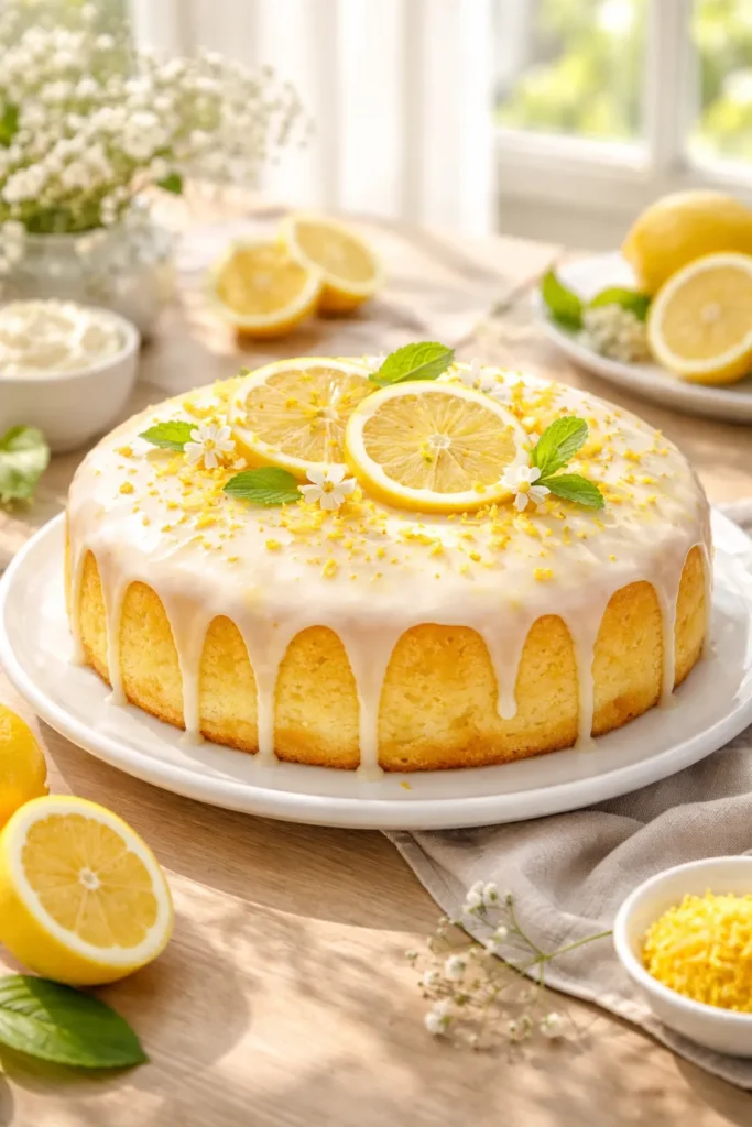 Pristine lemon cake on plate bathed in spring light